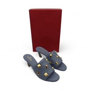 Valentino Garavani Blue Stone Roman Stud Quilted Slide Sandals Size 38.5 US 8.5